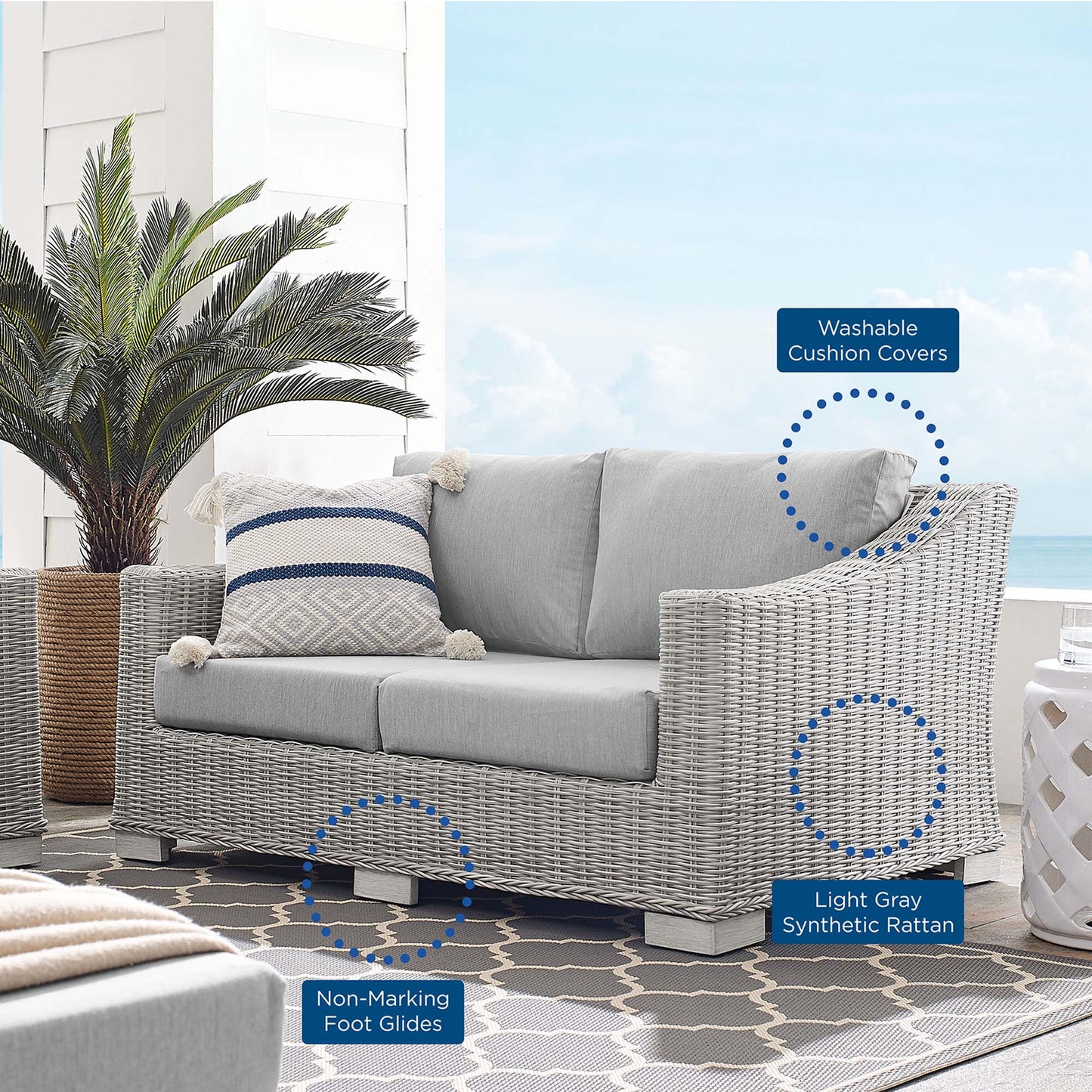 Harlow Sunbrella® Outdoor Patio Wicker Rattan Loveseat in Light Gray Gray