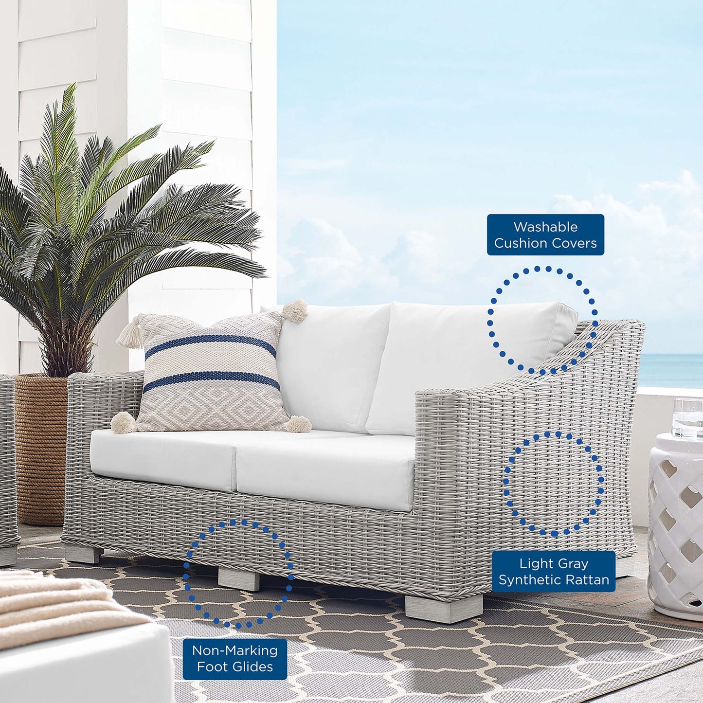 Harlow Sunbrella® Outdoor Patio Wicker Rattan Loveseat in Light Gray White