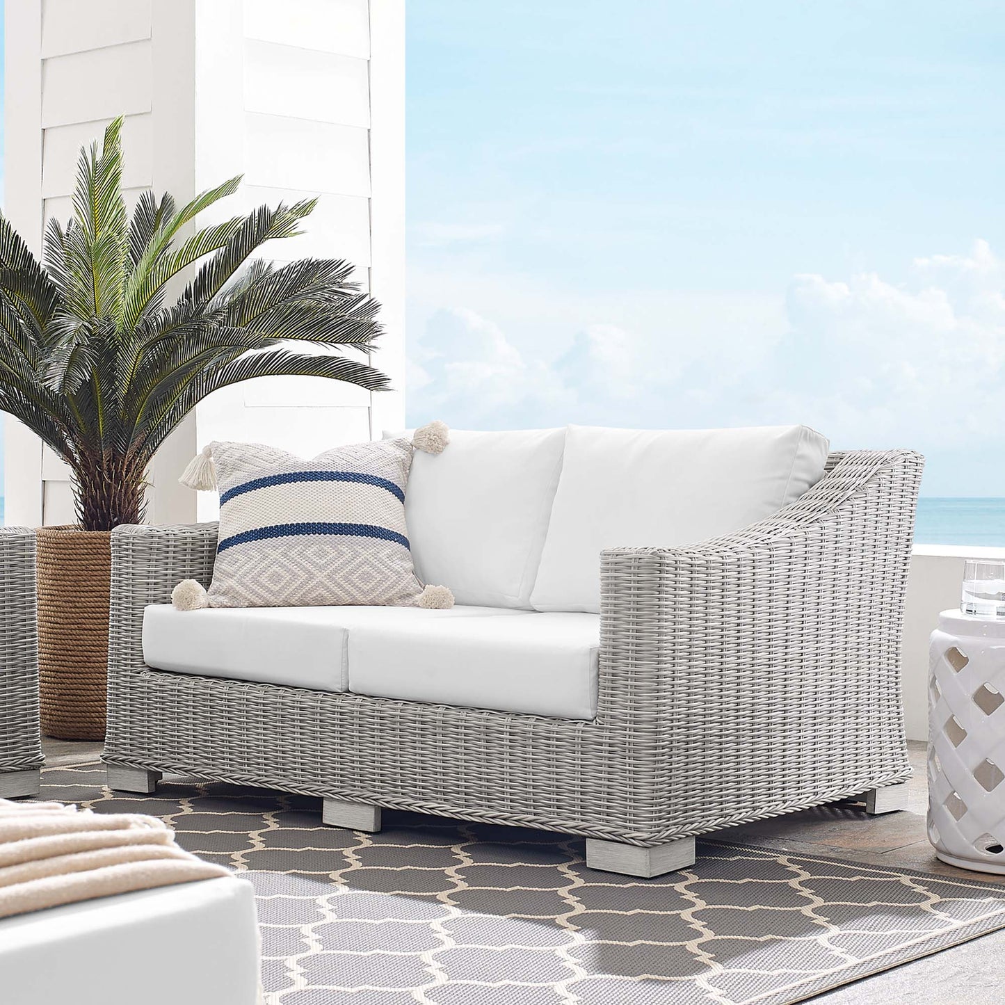 Harlow Sunbrella® Outdoor Patio Wicker Rattan Loveseat in Light Gray White