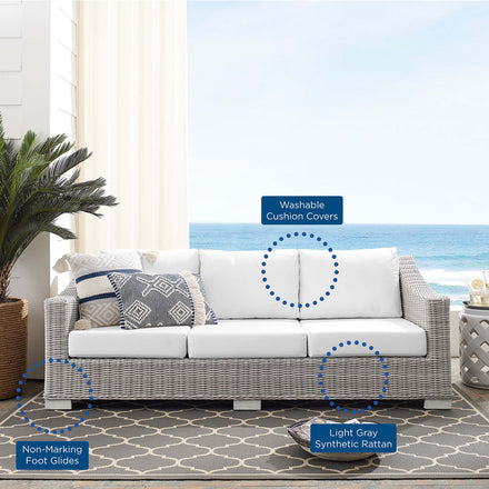 Conway Sunbrella® Outdoor Patio Wicker Rattan Sofa in Light Gray White