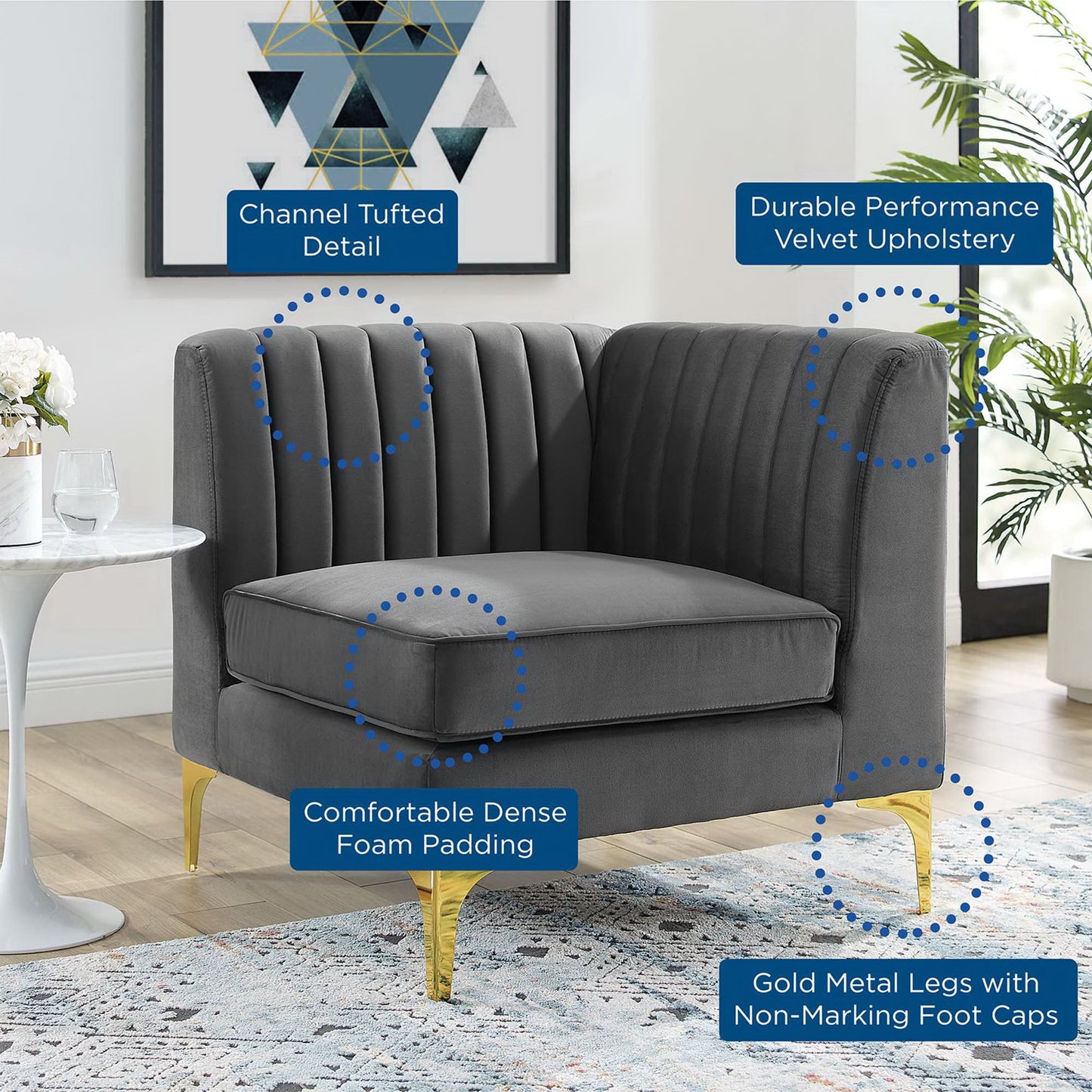 Triumph Channel Tufted Performance Velvet Sectional Sofa Corner Chair by Furniture for America