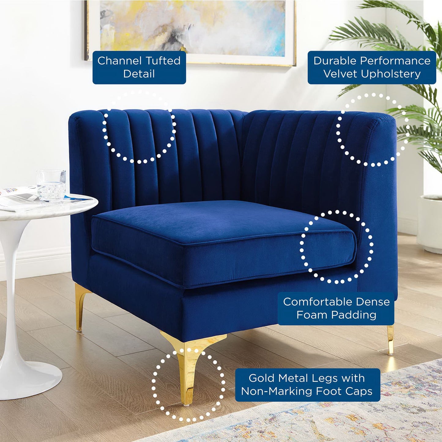 Triumph Channel Tufted Performance Velvet Sectional Sofa Corner Chair by Furniture for America