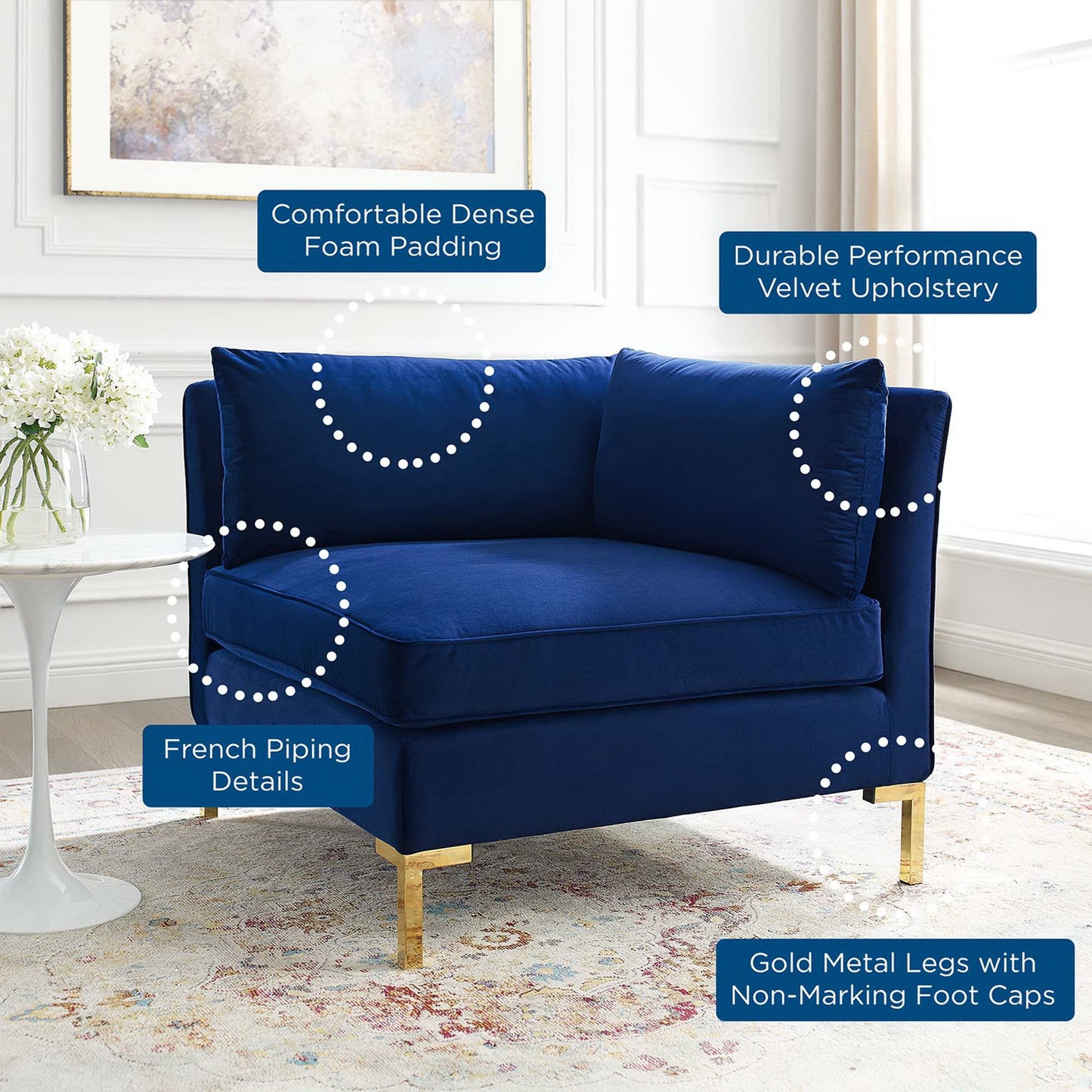 Ardent Performance Velvet Sectional Sofa Corner Chair by Furniture for America