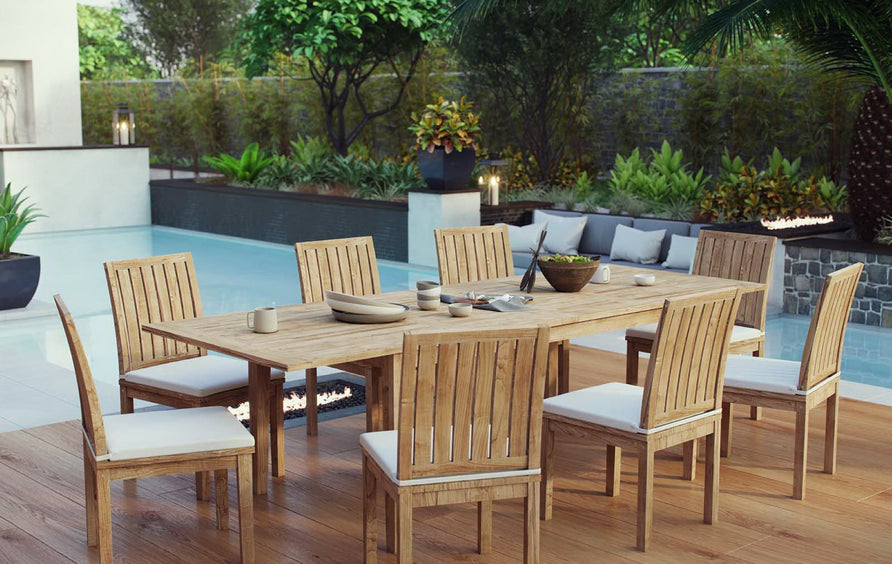 Cove 9 Piece Outdoor Patio Teak Dining Set in Natural White