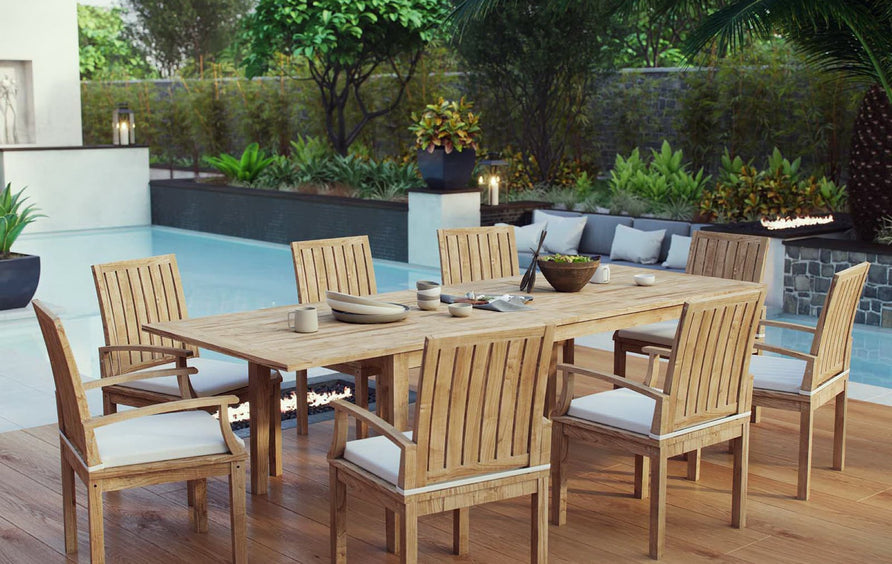 Cove 9 Piece Outdoor Patio Teak Dining Set in Natural White