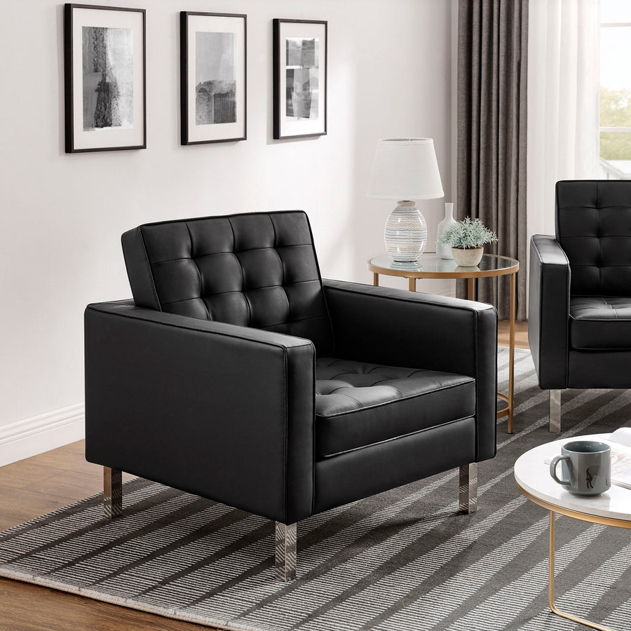 Mesa Tufted Vegan Leather Armchairs Set of 2 in Silver Black