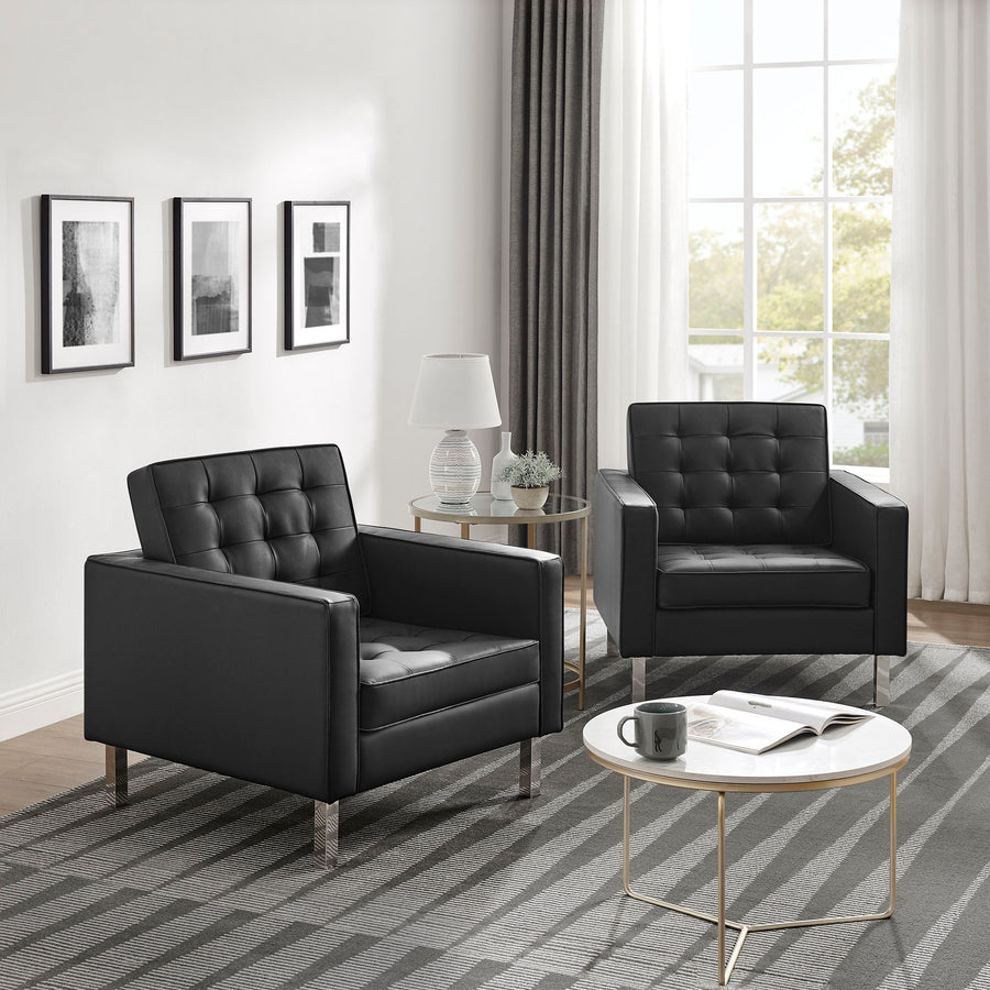 Mesa Tufted Vegan Leather Armchairs Set of 2 in Silver Black