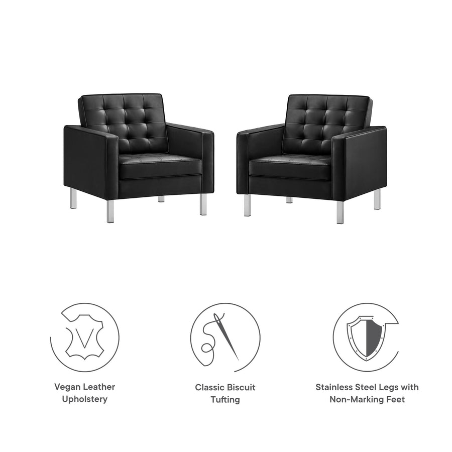 Mesa Tufted Vegan Leather Armchairs Set of 2 in Silver Black