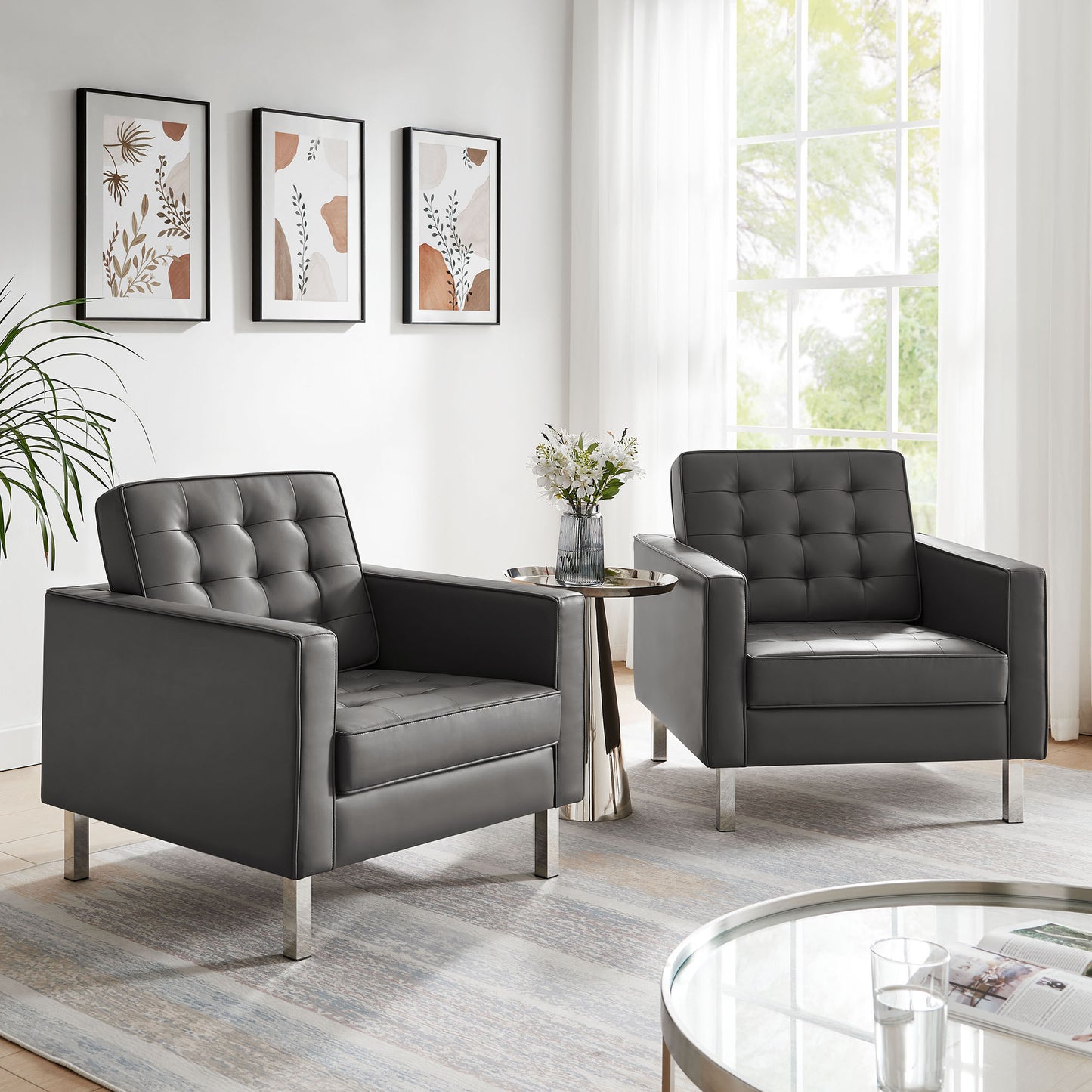 Loft Tufted Vegan Leather Armchairs Set of 2 by Furniture For America