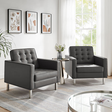 Loft Tufted Vegan Leather Armchairs Set of 2 in Silver Gray