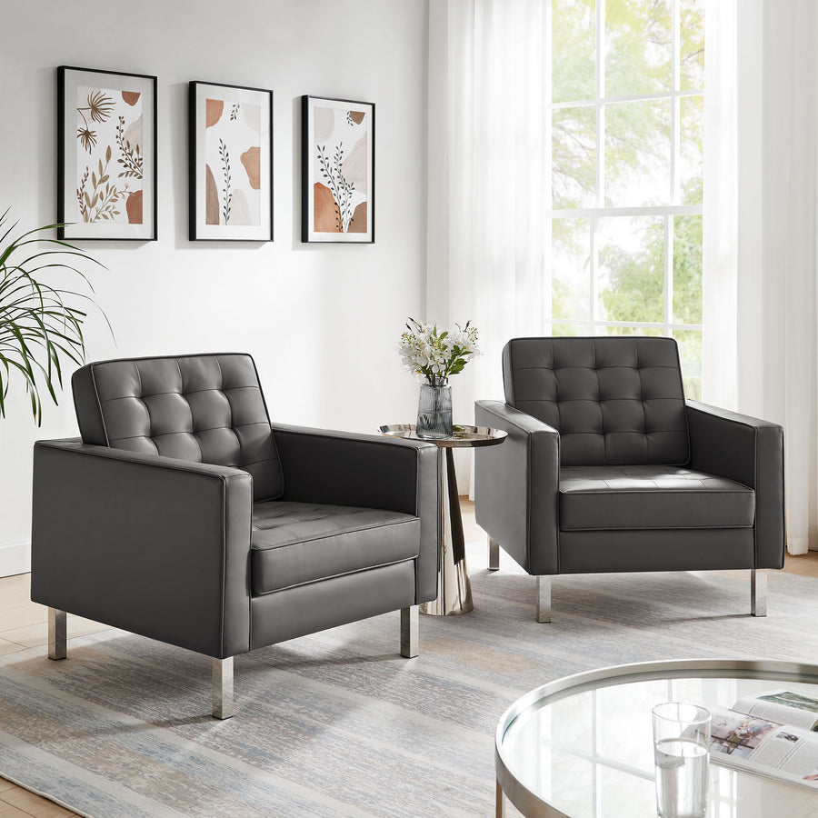 Mesa Tufted Vegan Leather Armchairs Set of 2 in Silver Gray