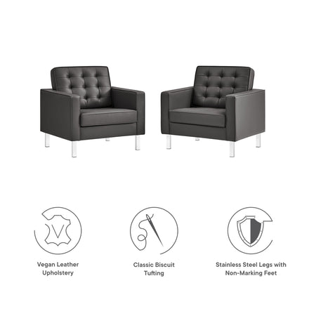 Loft Tufted Vegan Leather Armchairs Set of 2 in Silver Gray