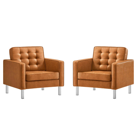 Loft Tufted Vegan Leather Armchairs Set of 2 in Silver Tan