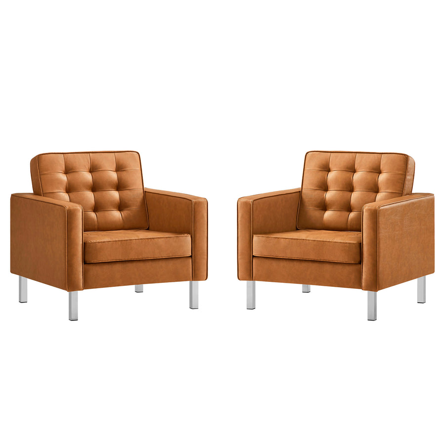 Mesa Tufted Vegan Leather Armchairs Set of 2 in Silver Tan