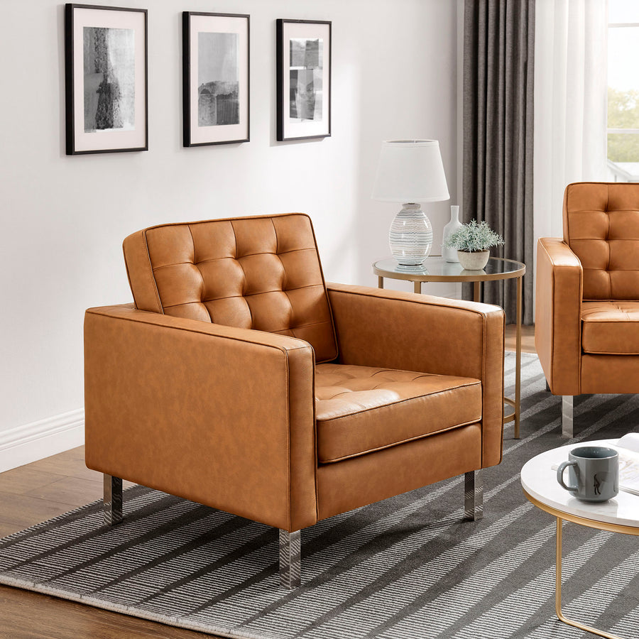 Mesa Tufted Vegan Leather Armchairs Set of 2 in Silver Tan