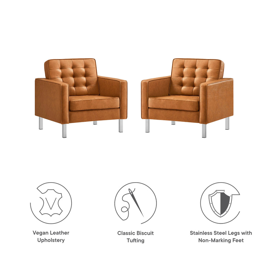 Mesa Tufted Vegan Leather Armchairs Set of 2 in Silver Tan