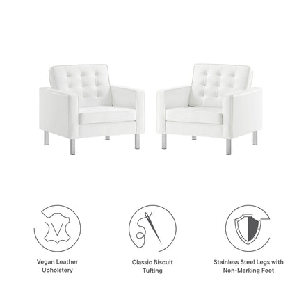 Loft Tufted Vegan Leather Armchairs Set of 2 in Silver White