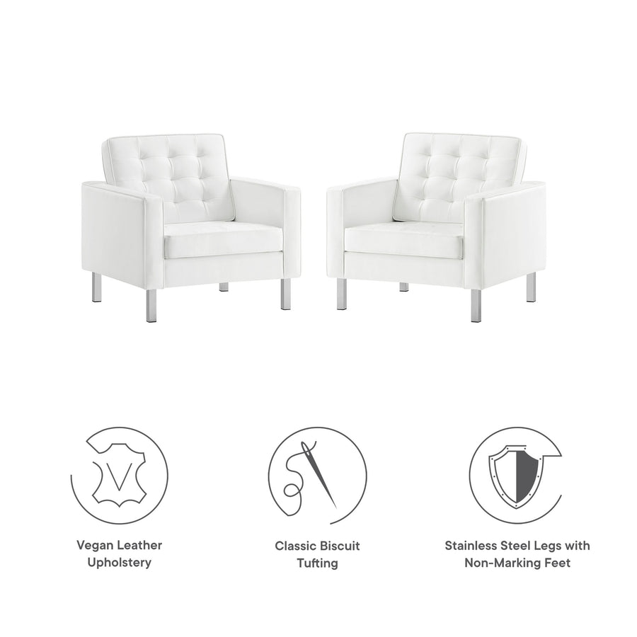 Mesa Tufted Vegan Leather Armchairs Set of 2 in Silver White