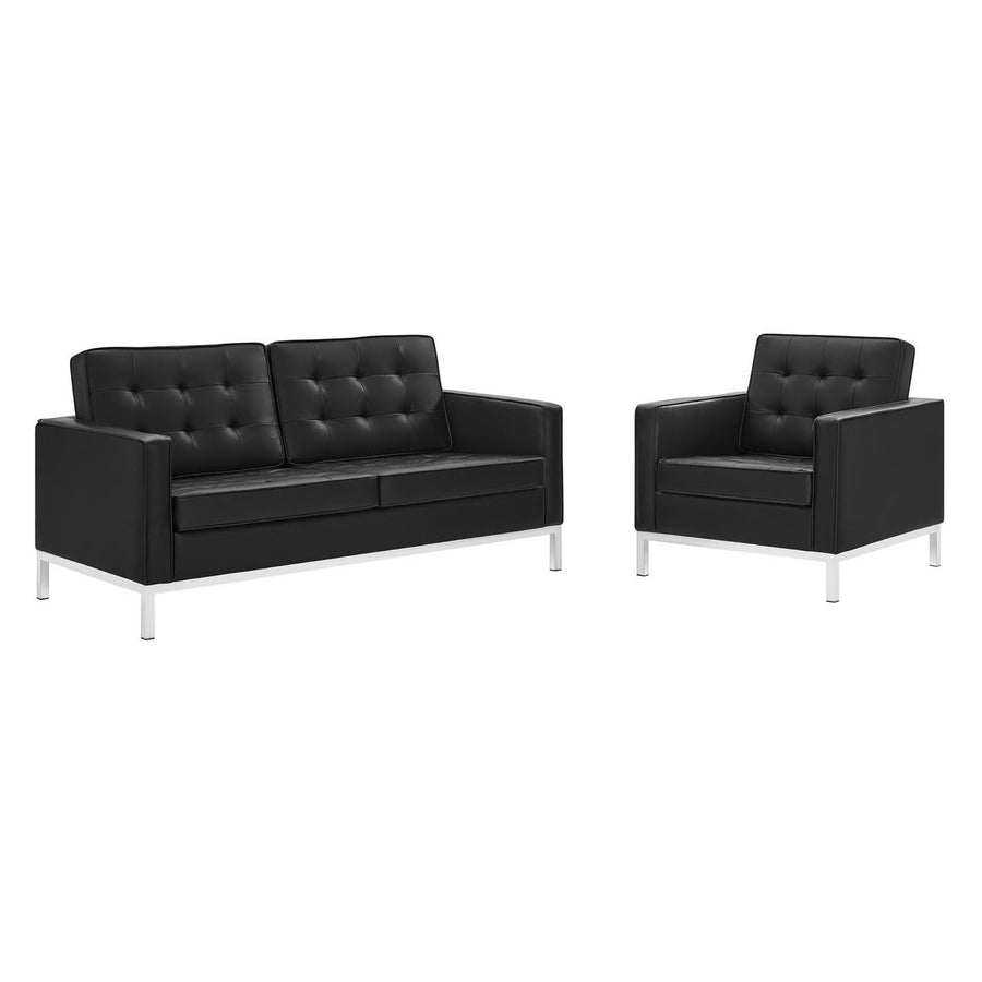 Mesa Tufted Upholstered Faux Leather Loveseat and Armchair Set in Silver Black