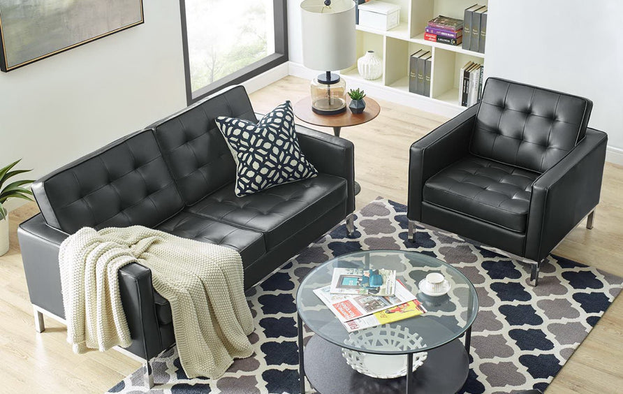Mesa Tufted Upholstered Faux Leather Loveseat and Armchair Set in Silver Black