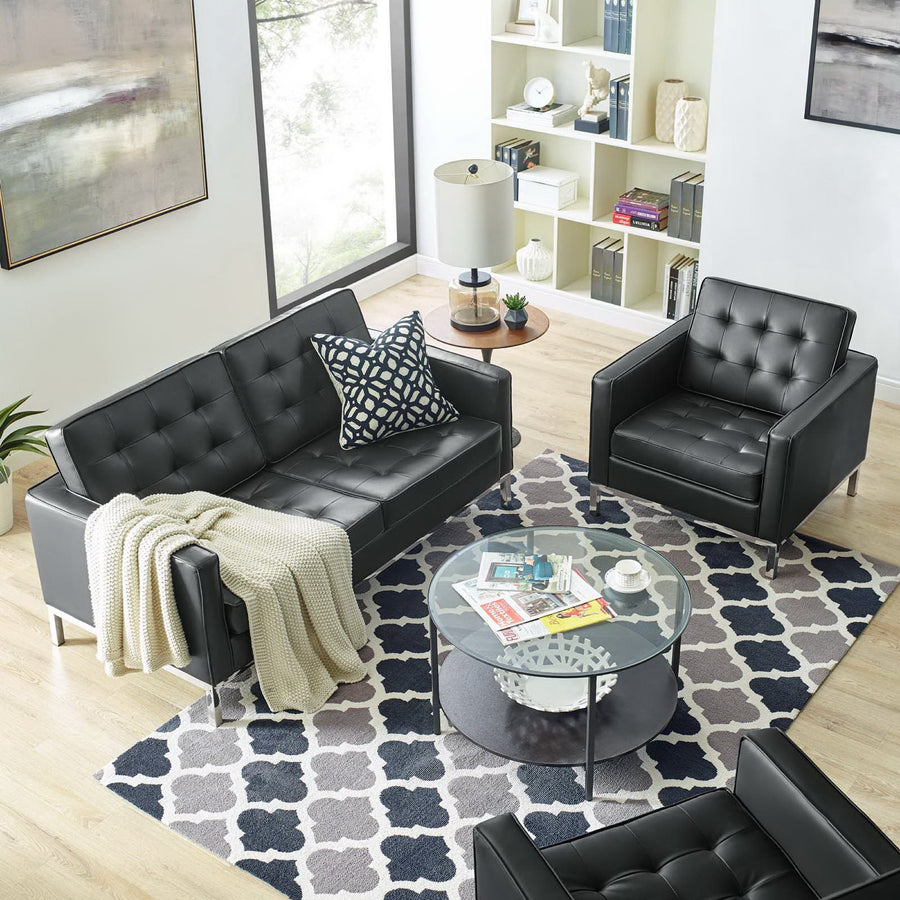 Mesa Tufted Upholstered Faux Leather Loveseat and Armchair Set in Silver Black