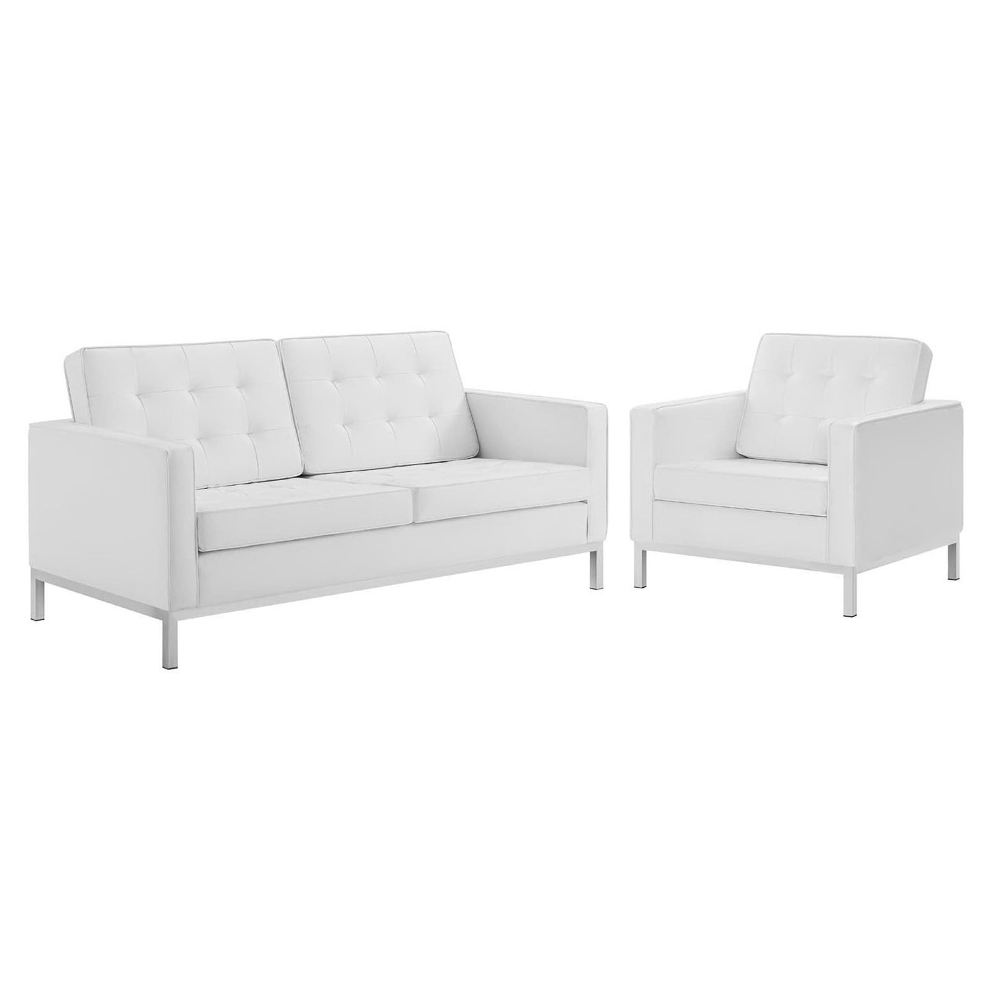 Mesa Tufted Upholstered Faux Leather Loveseat and Armchair Set in Silver White