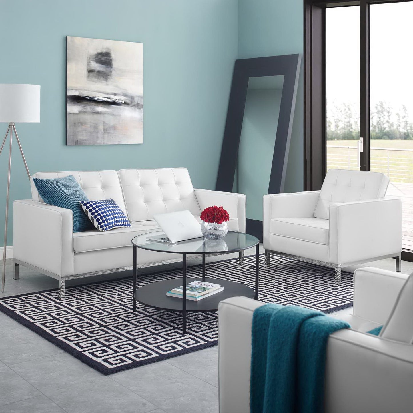Mesa Tufted Upholstered Faux Leather Loveseat and Armchair Set in Silver White