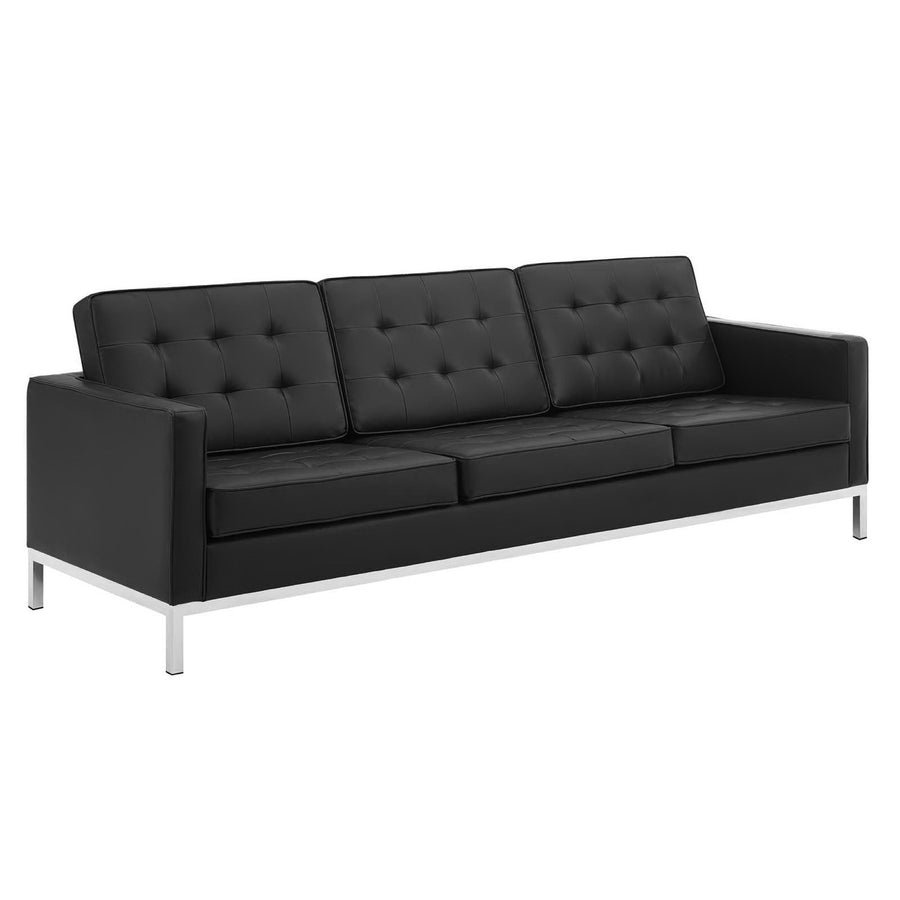 Mesa Tufted Upholstered Faux Leather Sofa and Armchair Set in Silver Black