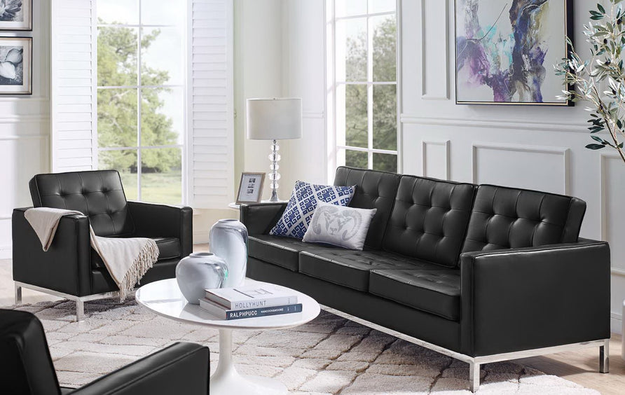 Mesa Tufted Upholstered Faux Leather Sofa and Armchair Set in Silver Black