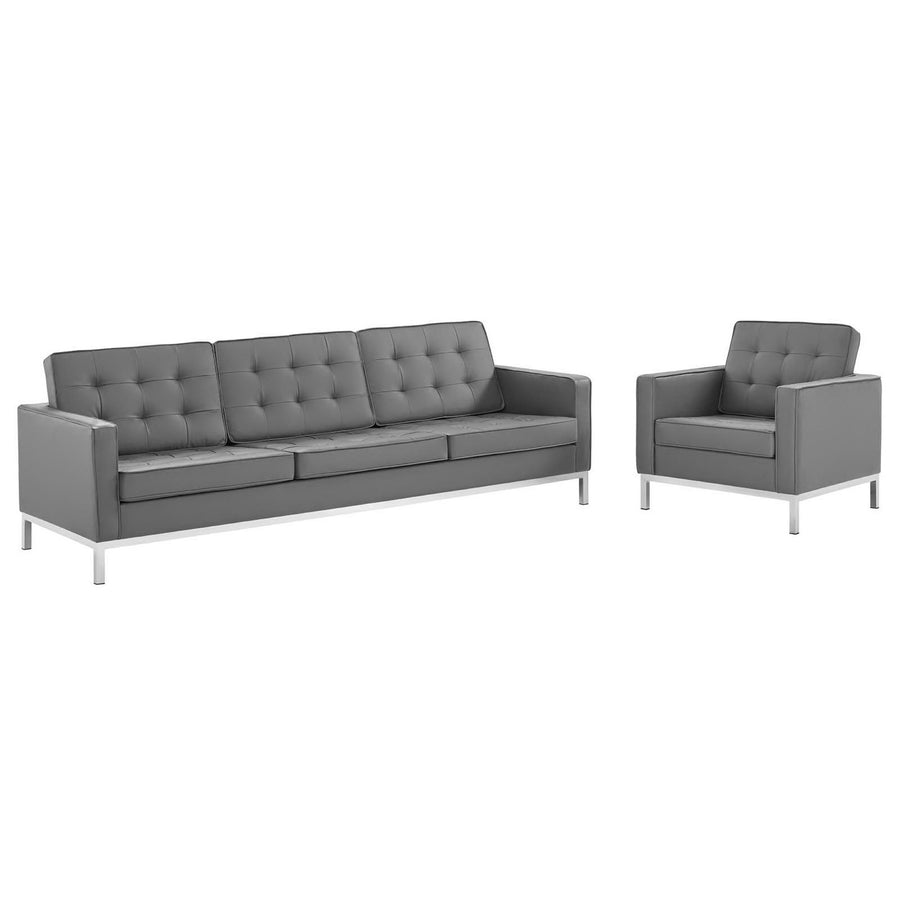 Mesa Tufted Upholstered Faux Leather Sofa and Armchair Set in Silver Gray