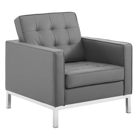 Loft Tufted Upholstered Faux Leather Sofa and Armchair Set in Silver Gray