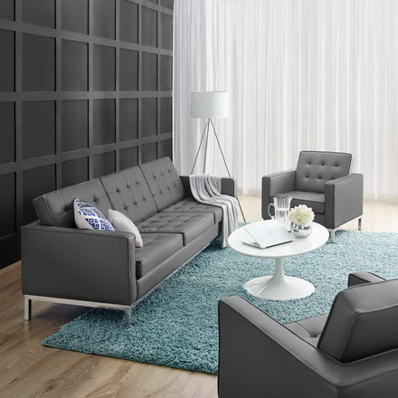Loft Tufted Upholstered Faux Leather Sofa and Armchair Set in Silver Gray