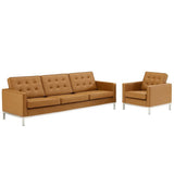 Mesa Tufted Upholstered Faux Leather Sofa and Armchair Set in Silver Tan