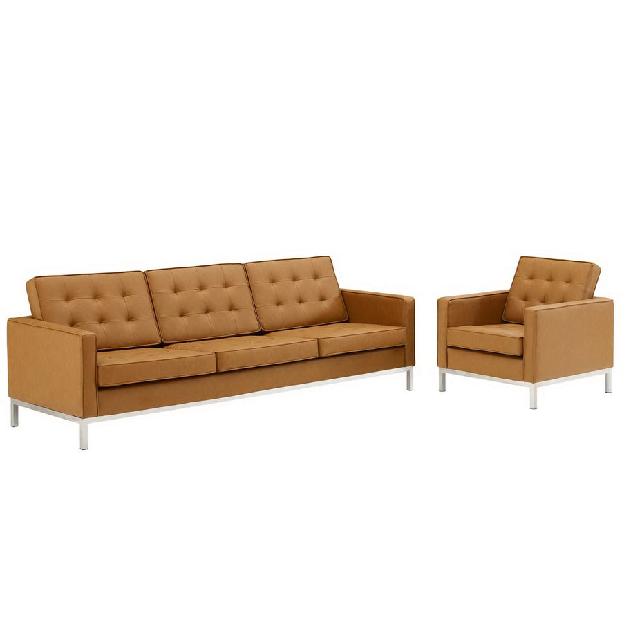 Mesa Tufted Upholstered Faux Leather Sofa and Armchair Set in Silver Tan