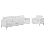 Mesa Tufted Upholstered Faux Leather Sofa and Armchair Set in Silver White