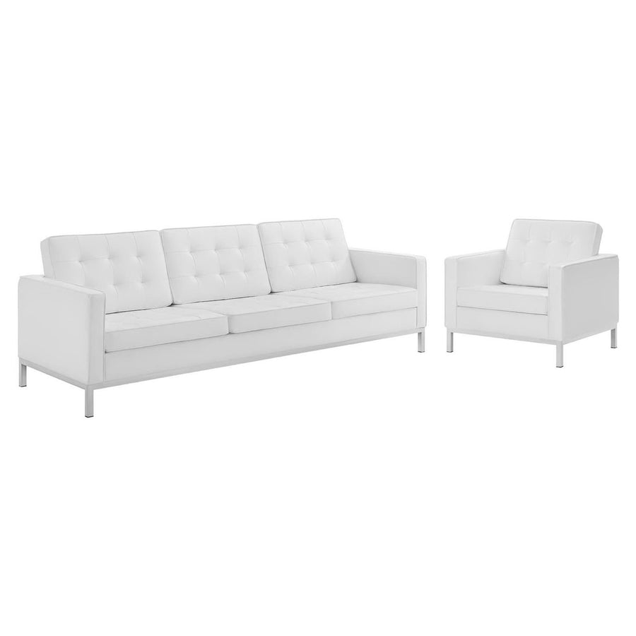 Mesa Tufted Upholstered Faux Leather Sofa and Armchair Set in Silver White