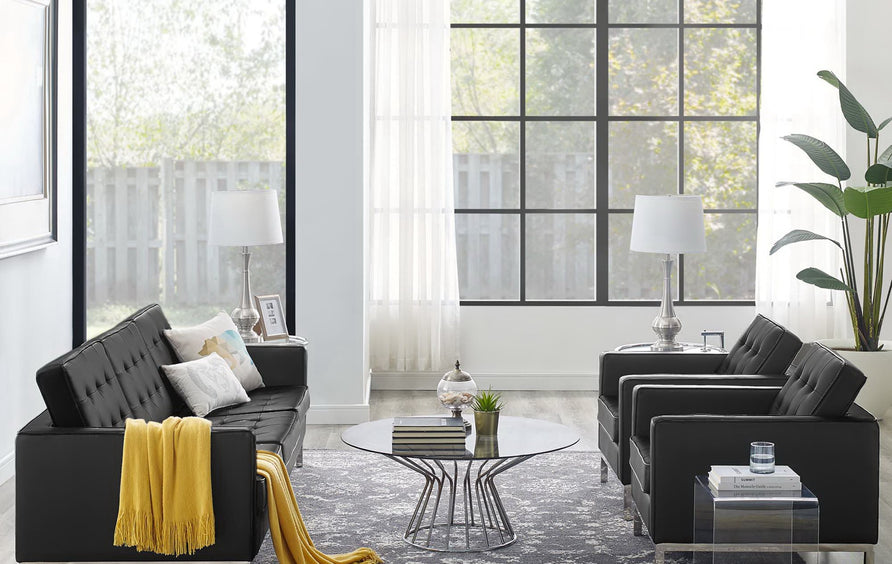 Mesa 3-Piece Tufted Vegan Leather Furniture Set in Silver Black