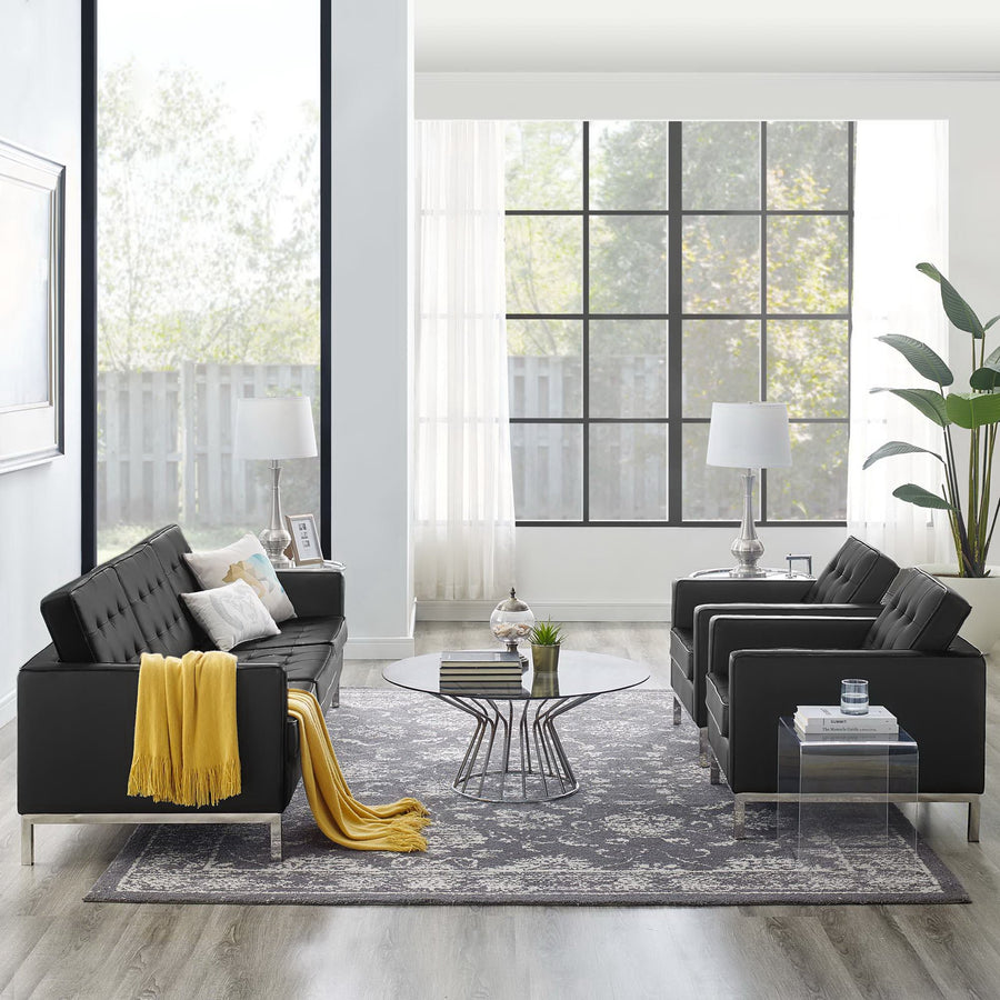 Mesa 3-Piece Tufted Vegan Leather Furniture Set in Silver Black