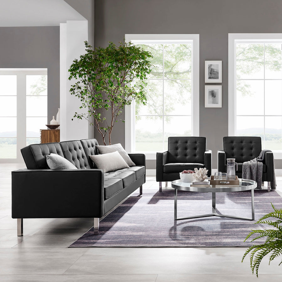 Mesa 3-Piece Tufted Vegan Leather Furniture Set in Silver Black