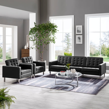 Loft 3-Piece Tufted Vegan Leather Furniture Set in Silver Black