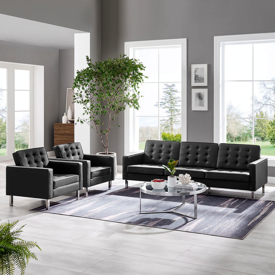 Mesa 3-Piece Tufted Vegan Leather Furniture Set in Silver Black