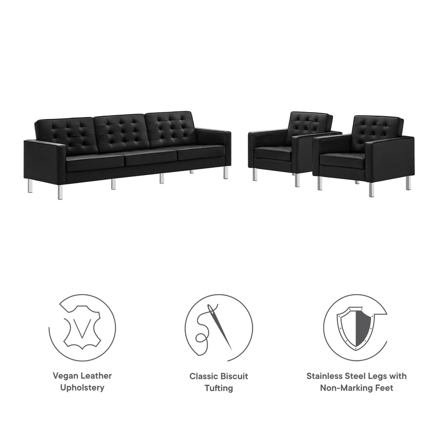 Mesa 3-Piece Tufted Vegan Leather Furniture Set in Silver Black