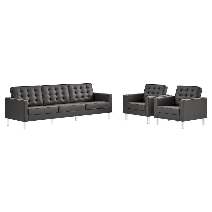 Mesa 3-Piece Tufted Vegan Leather Furniture Set in Silver Gray