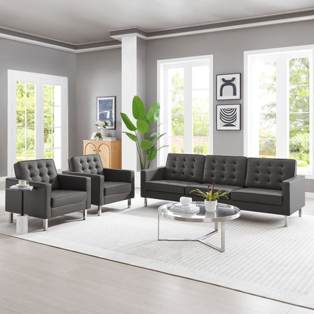 Loft 3-Piece Tufted Vegan Leather Furniture Set in Silver Gray