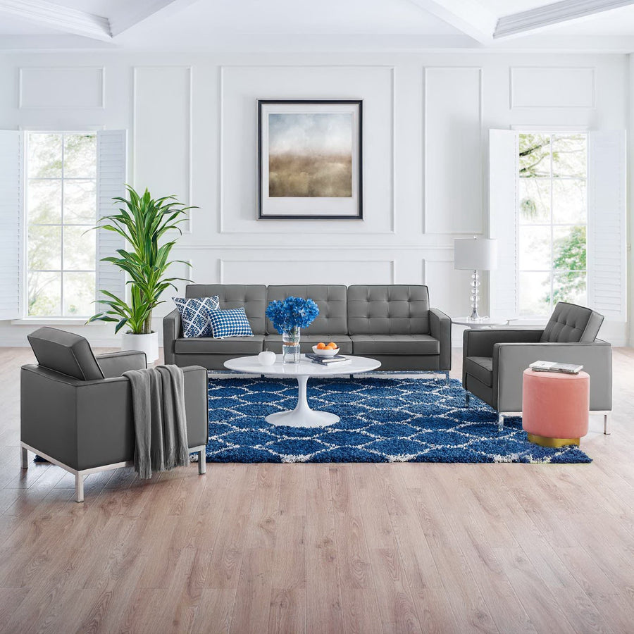 Mesa 3-Piece Tufted Vegan Leather Furniture Set in Silver Gray