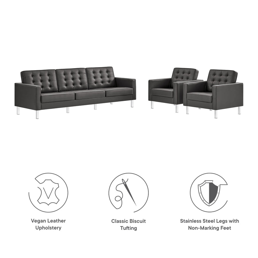 Mesa 3-Piece Tufted Vegan Leather Furniture Set in Silver Gray