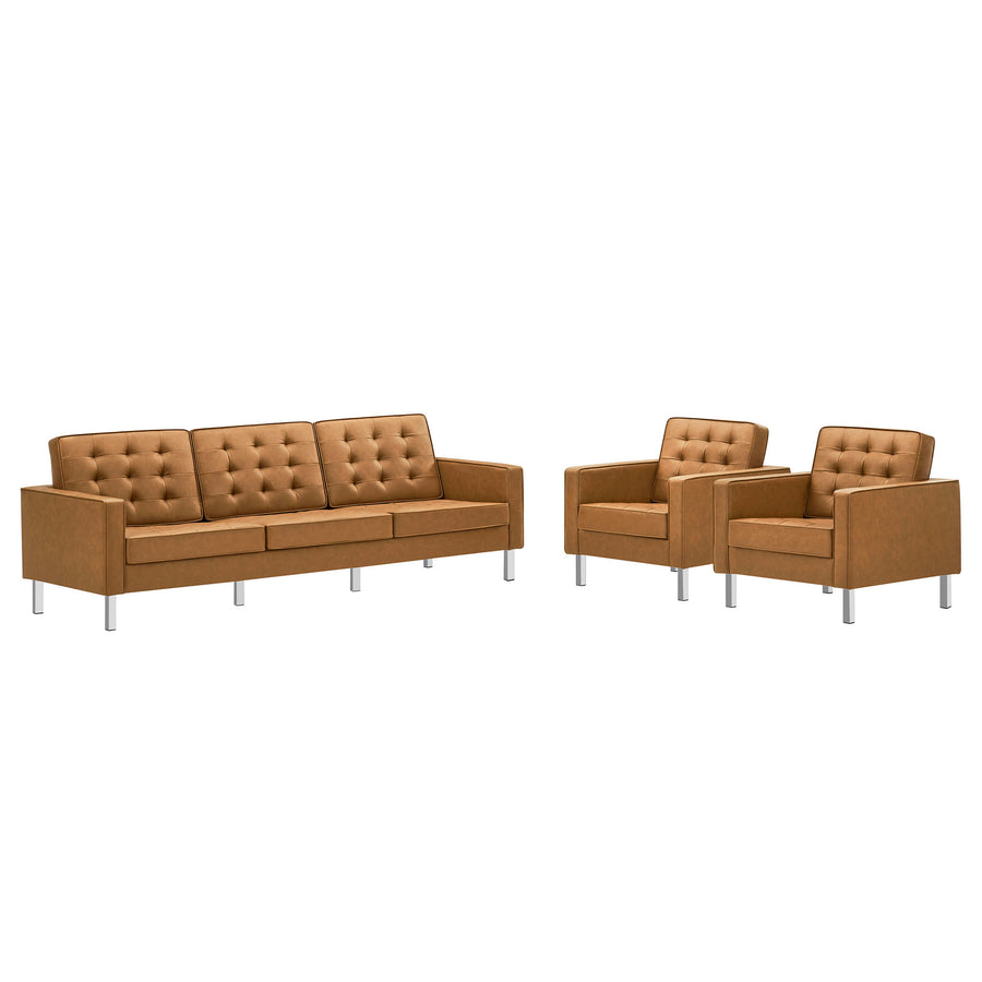 Mesa 3-Piece Tufted Vegan Leather Furniture Set in Silver Tan