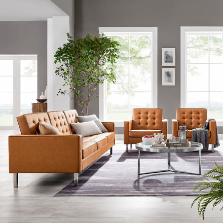 Loft 3-Piece Tufted Vegan Leather Furniture Set in Silver Tan