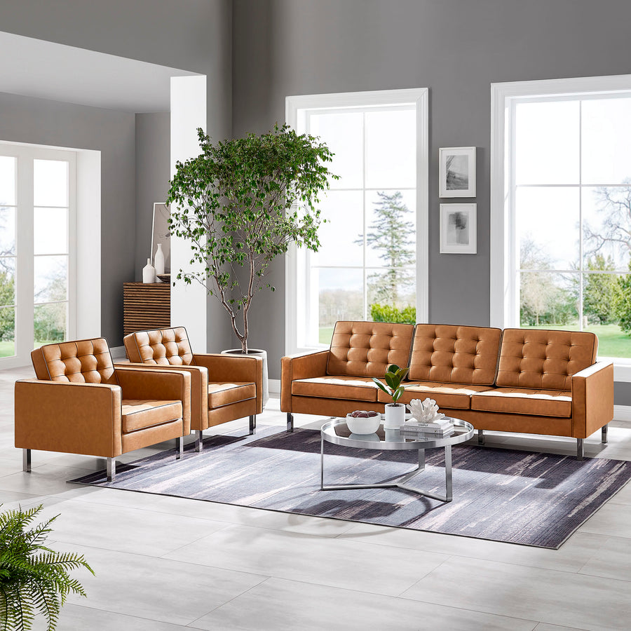 Mesa 3-Piece Tufted Vegan Leather Furniture Set in Silver Tan