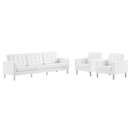Loft 3-Piece Tufted Vegan Leather Furniture Set in Silver White